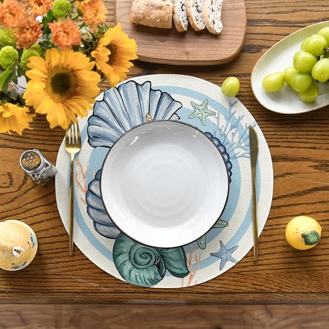 Artoid Mode Sea Shell Starfish Round Summer Placemats Set of 4, 14 Inch Spring Round Table Mats for Dining Decoration