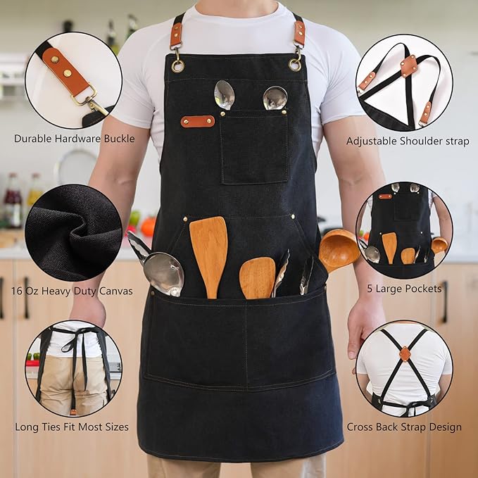 Aoomzoon Canvas Aprons for Men Chef Apron, Work Apron with Large Pockets - 16oz Heavy Duty Cross Back, BBQ, Cooking