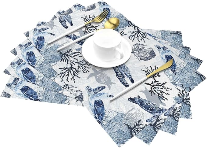 Ocean Themed Linen Placemats Set of 4, Blue White Turtle Coral Heat-Resistant Washable Non-Slip Place Mats for Kitchen Dining Table, Gift for Navy Beach Sea Life Lovers, Kitchen Home Decor Essential