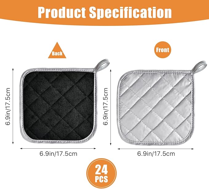 24 Pcs Pot Holders Bulk for Kitchen Heat Resistant, 7X 7Inch Cotton Potholders with Hanging Loops Square Hot Pads Oven Pot Holder Trivet for Cooking Baking（Black