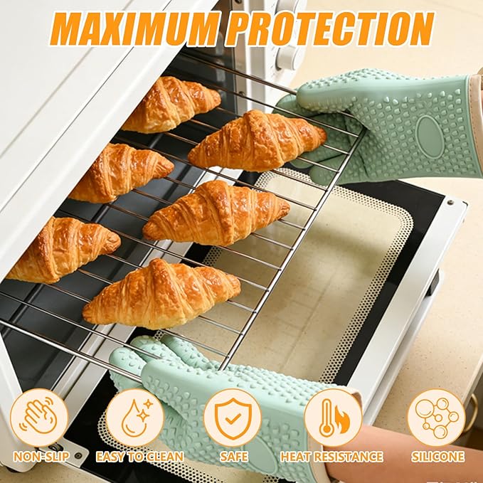 2 Pack Silicone Oven Mitts Heat Resistant, Waterproof Non-Slip BBQ Gloves, Flexible 5-Finger Kitchen Mitts, Kitchen Mittens for Baking, Grilling, Black