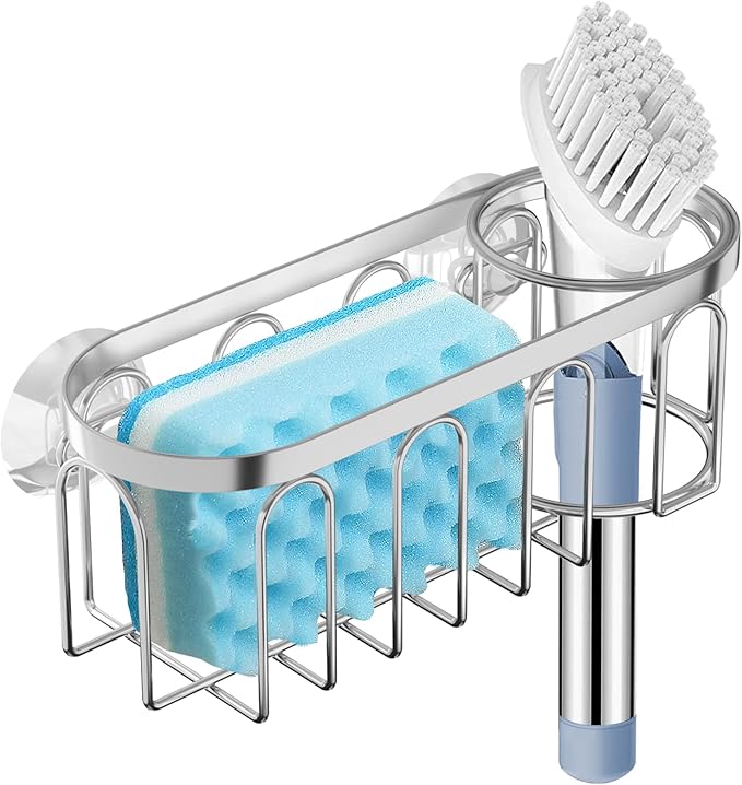 Yazoni 2-in-1 Sponge Holder for Kitchen Sink, Sink Caddy Kitchen Sink Organizer with 3 Suction Cups, No Drill Rustproof Sink Sponge Holder for Dish Brush, Soap & Sponge (Silver)