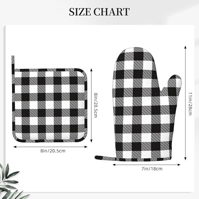 Buffalo Plaid Black and White Oven Mitts and Pot Holders Set, 4pcs Silicone Black White Plaid Oven Glove for Kitchen Heat Resistant Oven Mitts and Potholders Non-Slip for Cooking