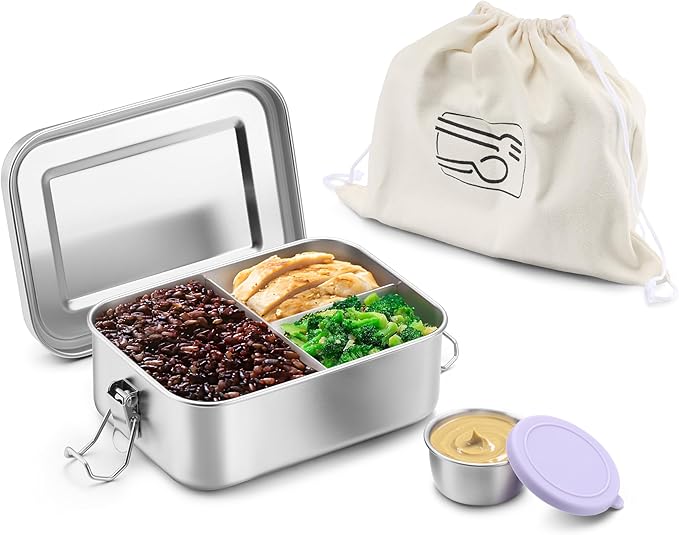 HaWare Lunch Box, 29oz (850ML) Stainless Steel Bento Box with Condiment Container and Carrying Bag, 3 Compartment Food Container for Kids and Adults, Leak-Proof Metal Snack Box, Dishwasher Safe