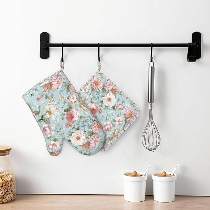 Oven Mitts and Pot Holders Flower Vintage Peony Floral Silicone Kitchen Accessories Set of 2 Heat Resistant Long Gloves Potholder Non-Slip Grip for Chef Cooking,Baking,Grilling,BBQ