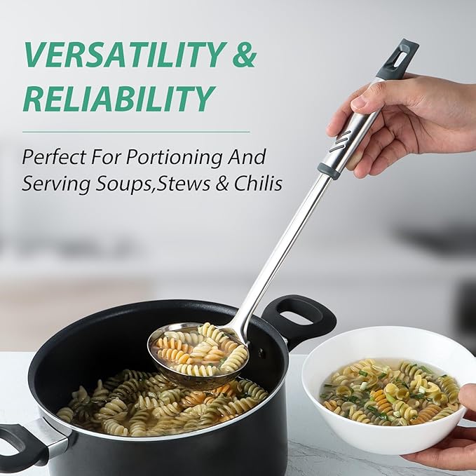 Soup Ladle, 13.9 inch Large Ladles Serving Spoons, 4 oz Stainless Steel Ladle with Heat-proof Handle, Comfortable Grip Design, Durable Construction, Silver