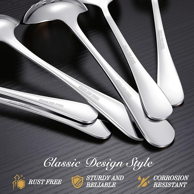 Mwellewm 17Pcs Serving Utensils, Silver Stainless Steel Serving Spoons, Slotted Spoon, Fork, Tongs, Cake Pie Server, Soup Spoon Metal Buffet Banquet Cutlery Set for Parties Entertaining Catering