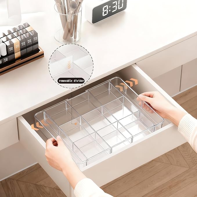 Acrylic Expandable Desk Drawer Organizer with 11 Adjustable Compartments and 6 Removable Dividers Desk Accessories for Office Kitchen Bathroom Makeup and Utensil Junk Storage (Clear, 3Pcs)