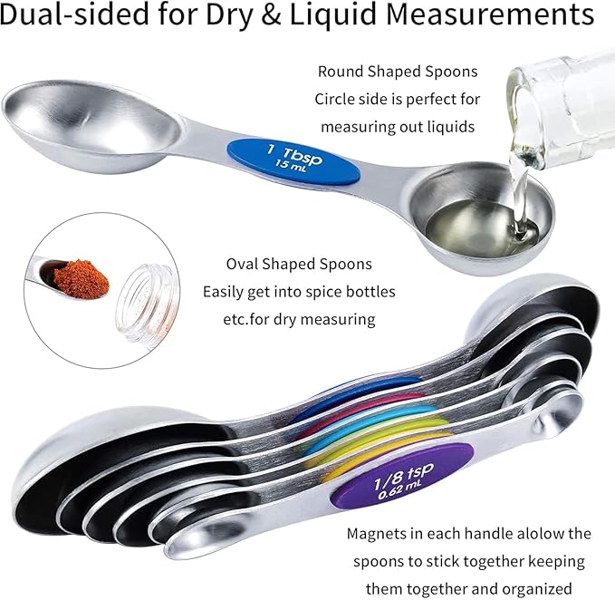 TILUCK measuring cups and magnetic measuring spoons set, stainless steel measuring cups, 6 double-sided stainless steel measuring spoons & 1 leveler (14)