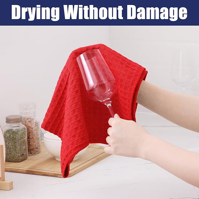 Homaxy Microfiber Waffle Weave Kitchen Towels Set, 16 x 28 Inch and 12 x 12 Inch Ultra Absorbent and Solid Color Dish Towels, 12 Pack, Red