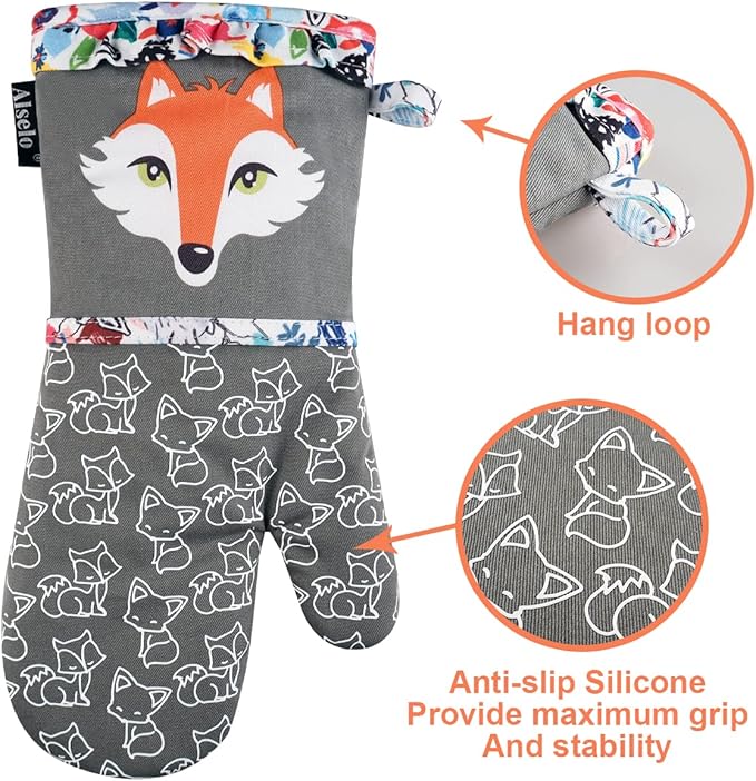 Alselo Oven Mitts, Heat Resistant Kitchen Mittens with Soft Quilted Cotton Lining Set of 2, Fashion Animal Design with Silicone Printing Anti-Slip Gloves for Baking Cooking Barbecue (Gray 2)