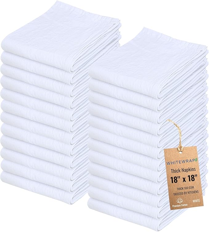 WHITEWRAP Flour Sack Towels 100% Cotton Dish Towel Reusable Baking Cloth for Bread Dough, Baguettes, Pastries, Machine Washable, Kitchen Towels for Cleaning – Set of 24 (18"x18") - White
