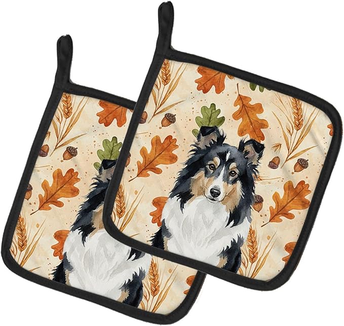 Caroline's Treasures Tricolor Sheltie Heirloom Fall Pair of Pot Holders Pair 7.5x7.5 Quilted Insulated Hot Pads Decorative Kitchen Gift Made in USA