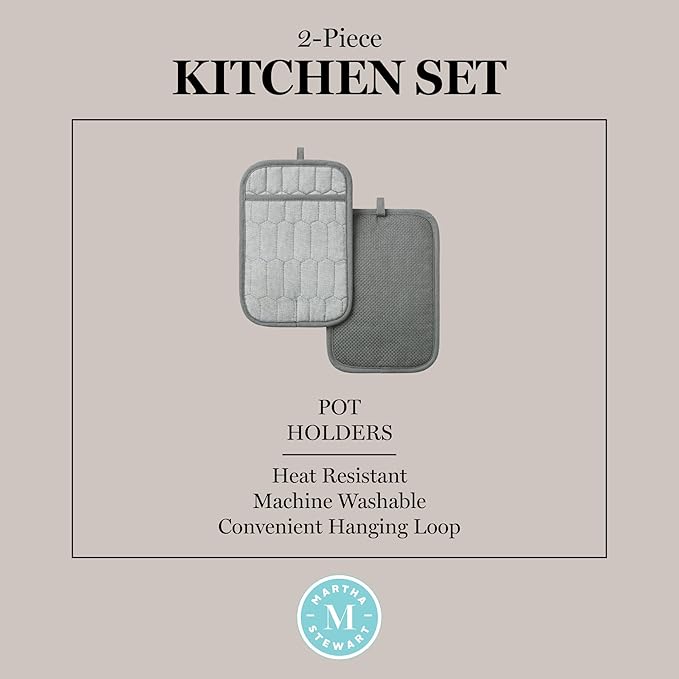 MARTHA STEWART Honeycomb Quilted Chambray Pot Holder 2-Pack Set, 100% Cotton, Flexible Non-Slip Silicone Grip, Heat Resistant, Grey, 7"X10"
