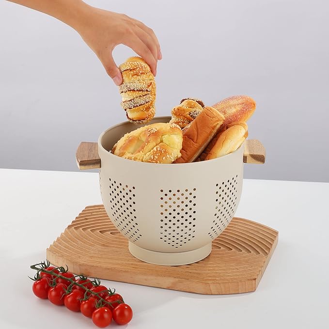 Metal Colander with Wood Handle, 5.5 Quart Powder Coated Steel Large Kitchen Strainer Stable Base,(Sand Yellow, 11.26inch)