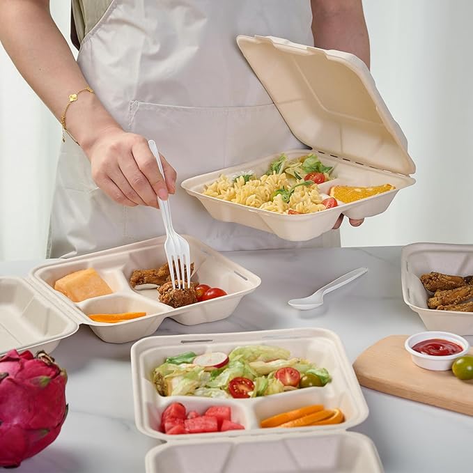 ECOLipak 300 Pack Clamshell To Go Containers, 100% Compostable Disposable Take Out Food Containers, 8X8 inch 3-Compartment Heavy-Duty To Go Boxes