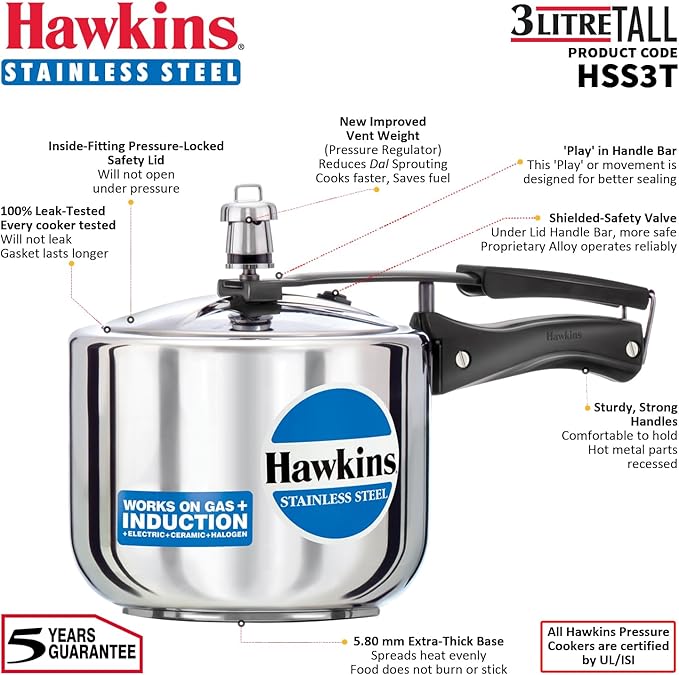 Hawkins Pressure Cooker, Stainless Steel Inner Lid Cooker, Tall Design Cooker, Induction Cooker, Silver Hss3T, 3 Liter 3 Litre