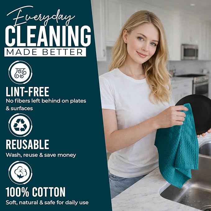DAN RIVER Premium Dish Cloth 100% Cotton 12 X 12 Inches |Pack of 8|-Ultra Soft Tea Towels-Highly Absorbent Kitchen Rags-Terry Dishcloth for Kitchen and Household Cleaning |Teal|