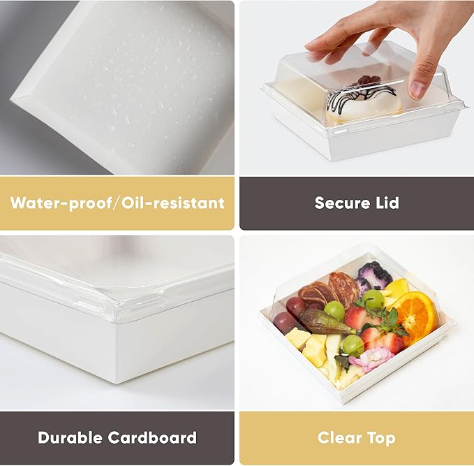 Leafiew 50 Pack Small Charcuterie Boxes with Clear Lids - To Go Paper Mini Charcuterie Box, Disposable Food Containers, 5Inch Dessert Boxes - Sandwich, Cookie, Sushi, Cake Slice, Strawberries (White)