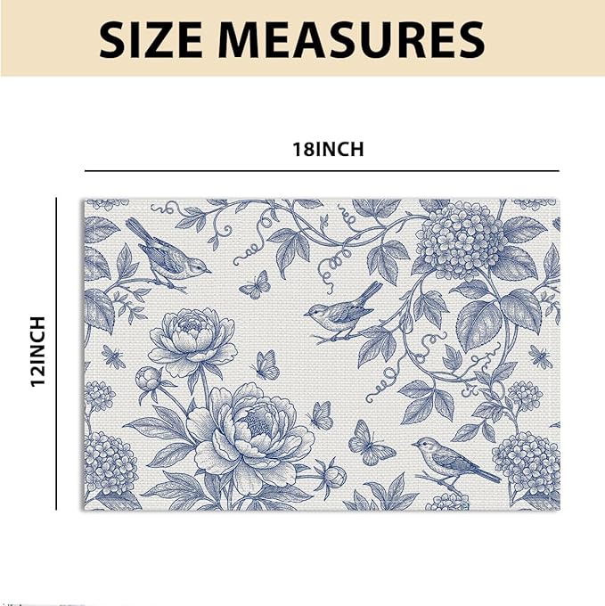 Hydrangea Flowers Branches Chinoiserie Spring Placemats Set of 4, 12x18 Inch Blue White Vintage Floral Bird Table Mats for Party Kitchen Dining Decoration, Washable Non-Slip Heat Resistant Place Mats