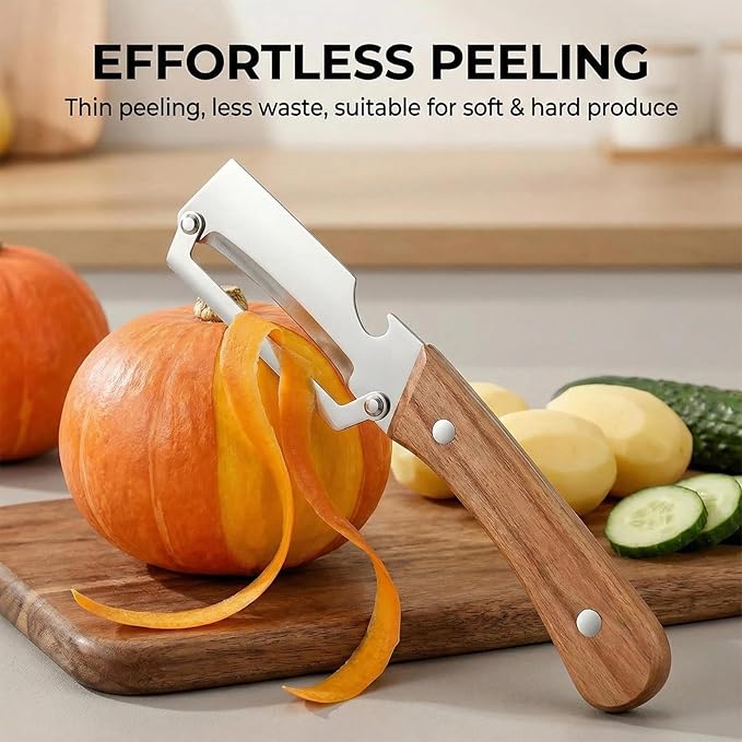2-in-1 stainless steel vegetable peeler with wooden handle and bottle opener, stainless steel blade, non-slip kitchen fruit peeler（2pcs）