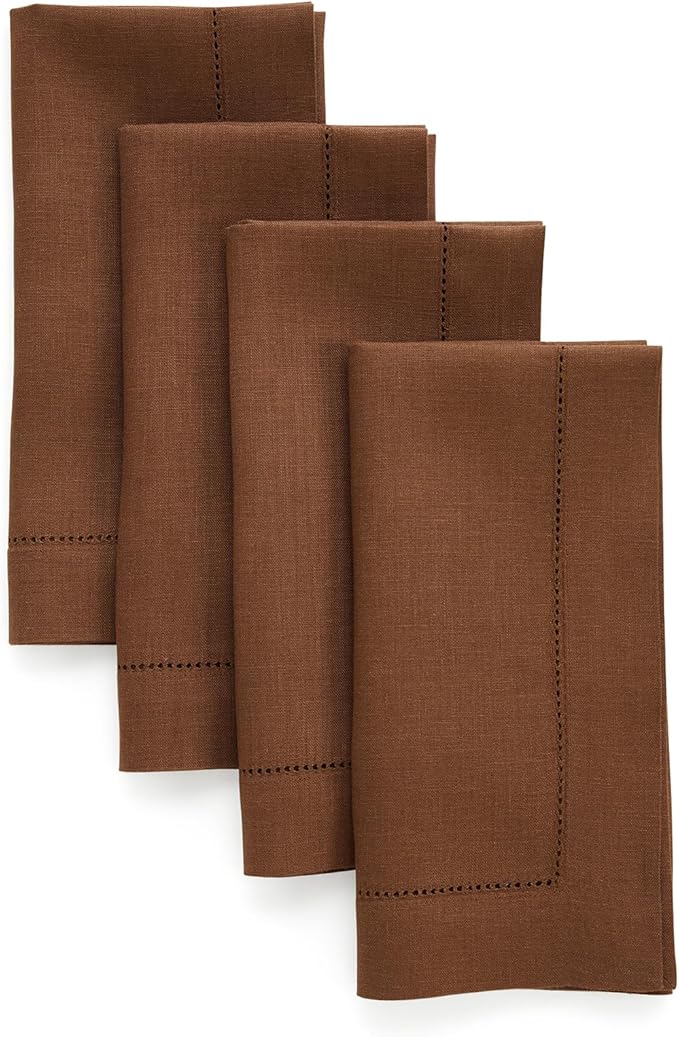 Solino Home Brown Linen Napkins Set of 4-100% Pure Linen Hemstitch Dinner Napkins 20 x 20 Inch for Mothers Day - Classic Hemstitch