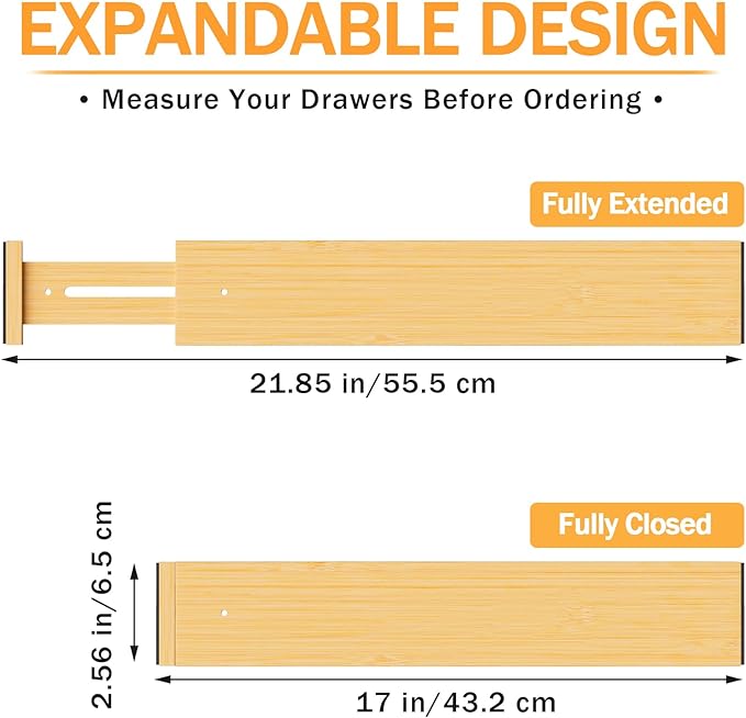 Bamboo Drawer Dividers, Adjustable Kitchen Drawer Organizer for Clothes,17-22" Expandable Drawer Organization Separators for Bedroom,Bathroom,Dresser and Office,4-Pack