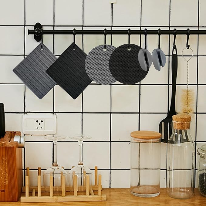 4 Pcs Silicone Trivet Mats for Kitchen Counter, Silicone Oven Mitts and Pot Holders Set for Hot Pan and Pot Pads, Heat Resistant Multipurpose Potholders, Grey & Navy Blue