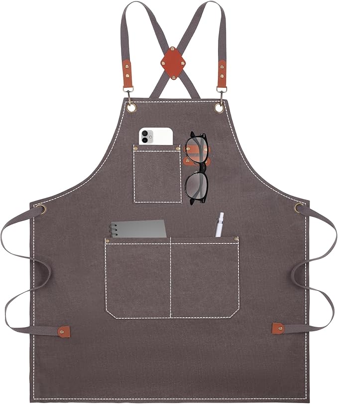 Aprons For Women Men With Large Pockets, Waterproof Cotton Chef Aprons For Cooking Server Grilling Bbq Kitchen