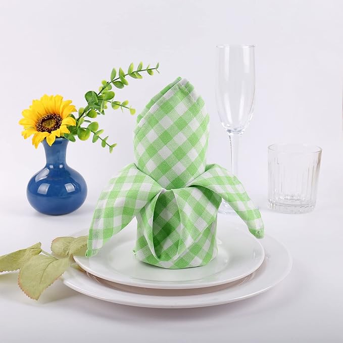 Buffalo Plaid Cloth Napkins Set of 6, 18 x 18 Inches Green White Cotton Washable Table Napkins, Reusable Gingham Cloth Dinner Napkins for Weeding, Parties, Thanksgiving, Christmas, Kitchen Dining