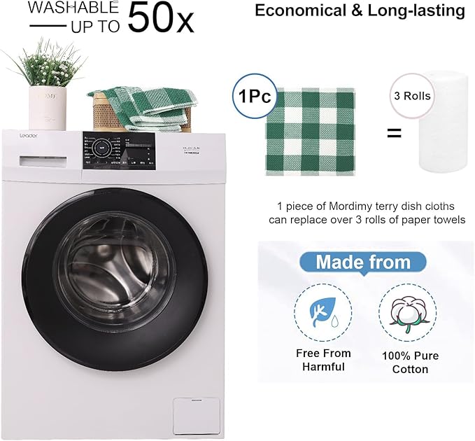 Mordimy 100% Cotton Waffle Weave Plaid Dish Cloths, 12 x 12 Inches, Super Soft and Absorbent Quick Drying Buffalo Check Dish Rags for Kitchen, 6-Pack, Dark Green & White