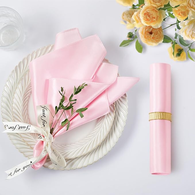 KKJIAF Light Pink Silky Satin Napkins (12 Pieces, 17x17 Inches),Washable Polyester Square Table Napkins for Wedding Dinner Party Decoration