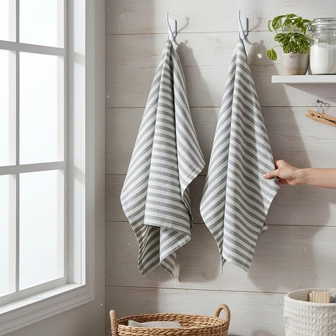 Eight Owls Stonewashed Linen Kitchen Dish Towels - 20 x 27 inch – 100% Pure Linen Tea Towel/Hand Towel - Set of 2 (Sage Stripe)