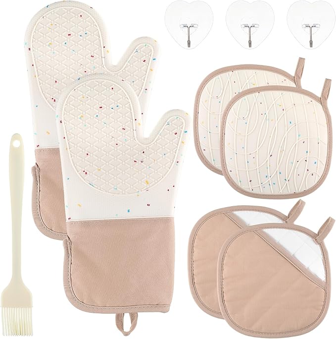 10 Pcs Kitchen Oven Mitts and Potholders Set with Hook and Oil Brush, Cooking Mittens Heat Resistant 500°F Silicone Oven Mittens for Kitchen Baking Cooking BBQ (Cream)