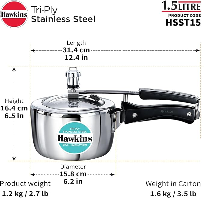 HAWKINS Triply Stainless Steel Pressure Cooker, Inner Lid Induction Cooker, (HSST15) 1.5 litres Silver