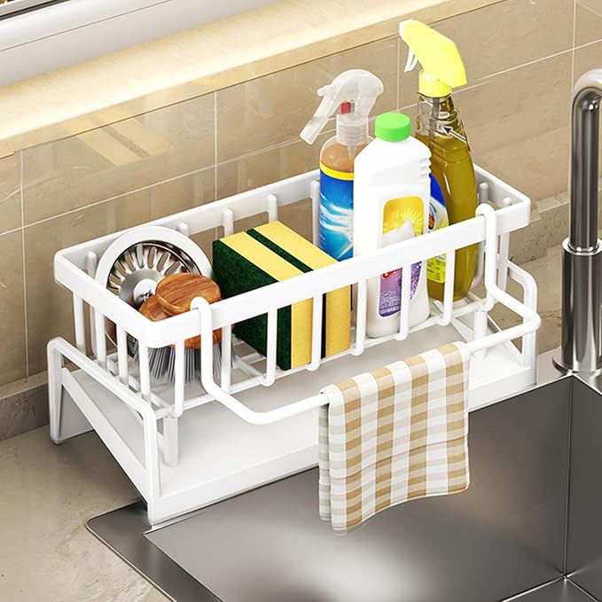Sponge Kitchen Sink Caddy Organizer Brush Sink Sponge With Auto Draining Tray, Self Drain Dish Soap Caddy, 9.05" Lx4.33 Wx3.93 H (white)