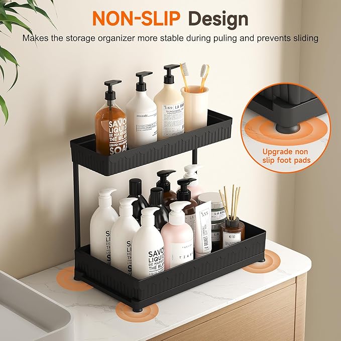 Sevenblue 3 Pack Multi-Purpose Under Sink Organizers and Storage, 2026 L-Shaped Pull Out Cabinet Organizer for Bathroom & Kitchen, Under Cabinet Organizer with Hooks Hanging Cup (Black, 14.85 inch)