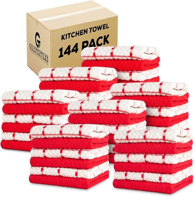 GOLD TEXTILES Kitchen Towels 144 Pack Premium 100% Cotton Dish Towels for Kitchen (15 x 25 Inches) Soft & Absorbent Kitchen Hand Towels for Drying Dishes, Cleaning - Reusable and Washable (Red)