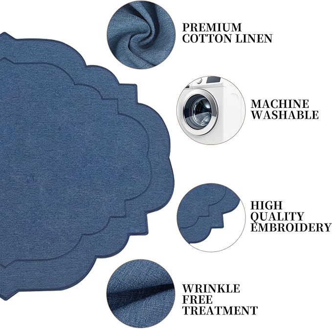 Cotton Linen Oval Placemats Set of 4, HADEEONG Table Mats Cloth Placemats, Washable Wrinkle Resistance, Scalloped & Embroidered Fabric Placemats, 17.71 x 13.77 inch (Navy Blue, 4)