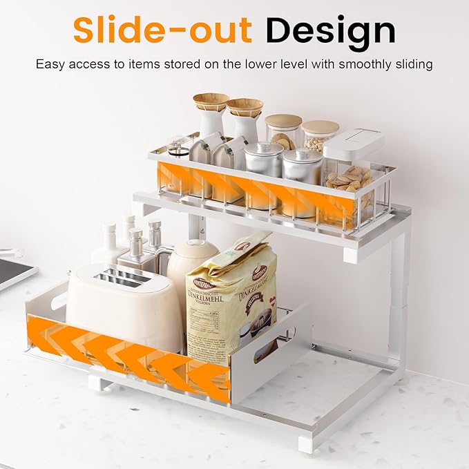Under Sink Organizer, Heavy Duty Metal Pull Out Cabinet Organizer Slide Out Sink Shelf Organizer Height Adjustable, Multi-Purpose Storage Shelf for Kitchen Bathroom(Sliver,1Pack)