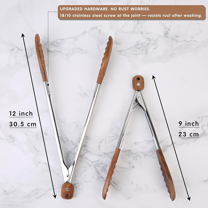 Kitchen Tongs Set - 9" & 12" Anti-Slip Long Wooden Cooking Tongs for BBQ, Grilling, Salad Tossing & Serving - Heat Resistant, Non-Stick Stainless Steel Handles with Hanging Hole