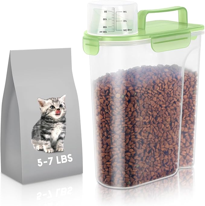 LEAWALK 5-7Lbs/6Qt Dog Cat Storage Container Portable with Upgraded Large Spout and Cup, Plastic Pet Food Dispenser for Small Animal Kibble, Bird Seed, Oatmeal, Rice, Flour, Brown Sugart (Clear Green)