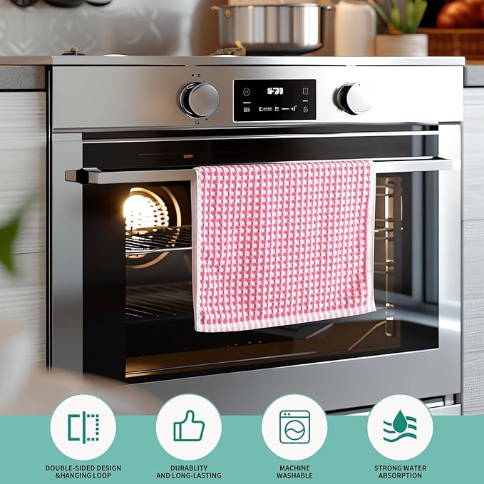 SALAS Cotton Dish Towels Cloths for Kitchen Drying Dishes, Lattice Terry Towels, Highly Absorbent Kitchen Cloths with Hanging Loop, 16‘’ x 26‘’, 4 Packs, Pink