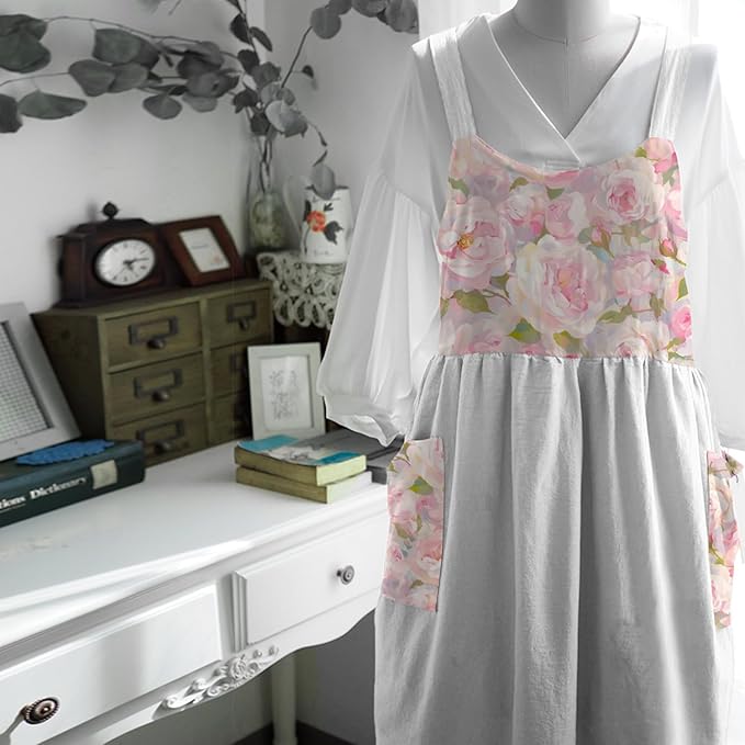 Uaussi Cotton Linen Apron Cross Back Work Apron for Women with Pockets Pinafore Dress X Cross Halter Apron for Chef Gardening