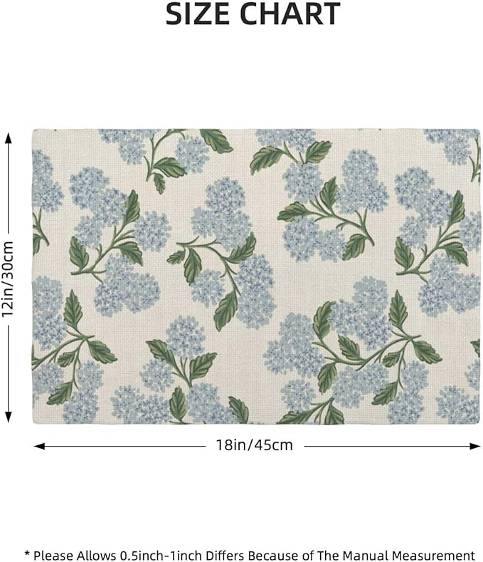 Blue Green Spring Placemats Set of 6 Hydrangea Flower Decor Place Mats 12x18 Inch Vintage Floral Summer Seasonal Decorative Linen Table Mats for Home Kitchen Dining Party Table Decoration