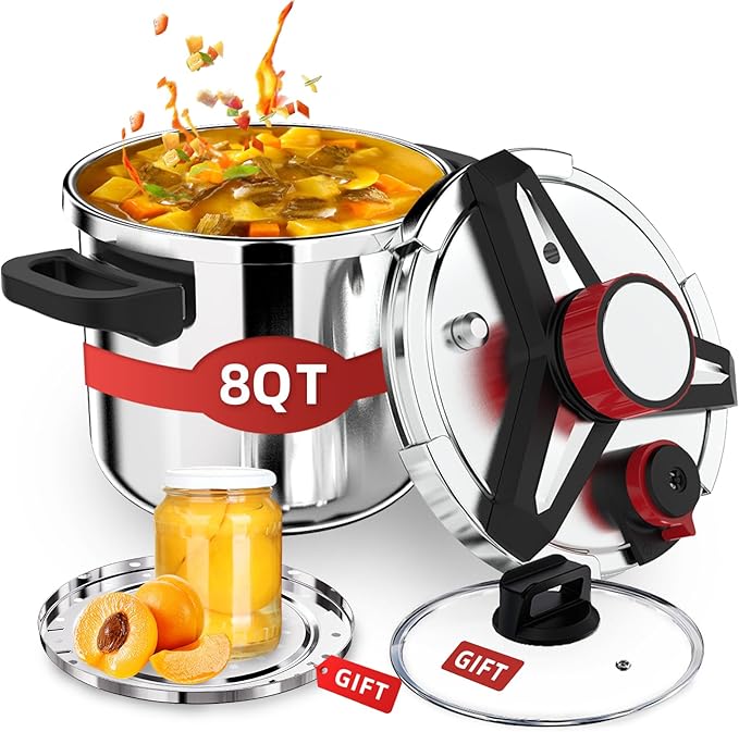 3-In-1 Stainless Steel Pressure Cooker 8 QT: [Save 70% Time] [3 PSI Settings], One-Hand Locking Pressure Canner, Induction Compatible, Glass Lid & Steamer Rack Included, Olla de Presion