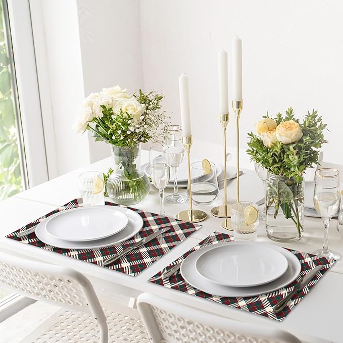 Christmas Plaid Prints Placemats Set of 4, 12 x 18 Inch Red and Green Rectangle Table Mats, Linen Fabric Placemat for Indoor & Outdoor Christmas Kitchen Dining Home Decor -03