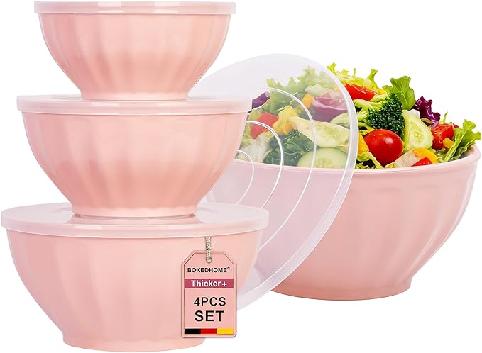 BoxedHome Mixing Bowls with Lids Set, 4PK Large 0.2” Thick Plastic Nesting Mixing Bowl, Microwave Safe,Size 1.37,2.32,3.8 and 5.07qt, Pink