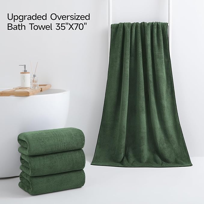 REDKISS 4 Pack Premium Bath Towels, Plush Coral Fleece Towels for Bathroom, Extra Large Bath Towels Set of 4 (35 x 70 in), Super Soft Highly Absorbent Fluffy Shower Towels for Spa, Gym, Travel, Olive