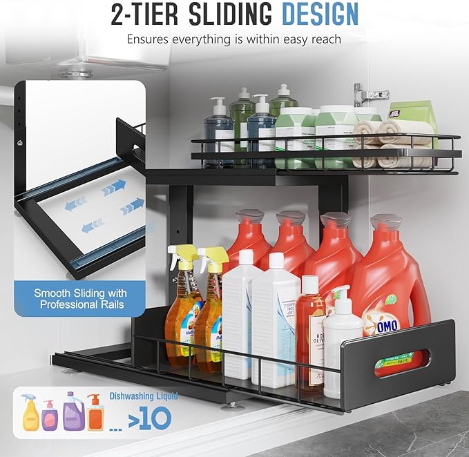 Under Sink Organizer Upgrade To Professional Rails,2-Tier Dual Pull Out Cabinet Storage,Height Adjustable Slide Out Drawers For Bathroom Kitchen,2 Pack-14.5"Dx12.8"-16.9"H,Black